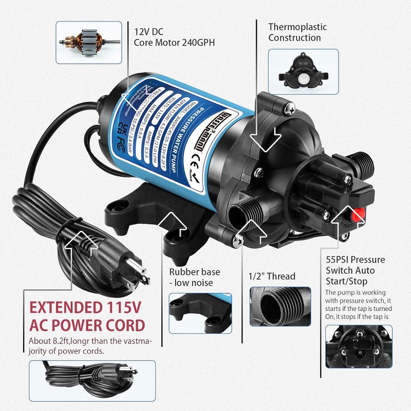 wassermann 115V AC Water Diaphragm Pump,4.5GPM 55PSI 1/2" NPSM with 8.2ft Power Cord & Plug,Self-Priming Fresh Water Pressure Booster Pump,Pressure Switch, for Garden Kitchen Bathroom RV Marine Camper - Image 4